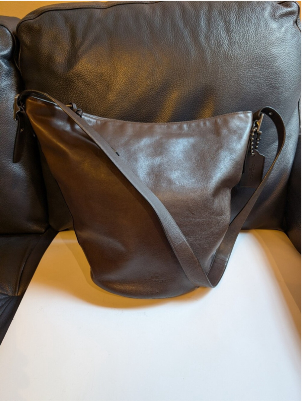 COACH Bleecker XL Leather Soft Port Duffle Feed Bucket Bag Mahogany Brown 32282